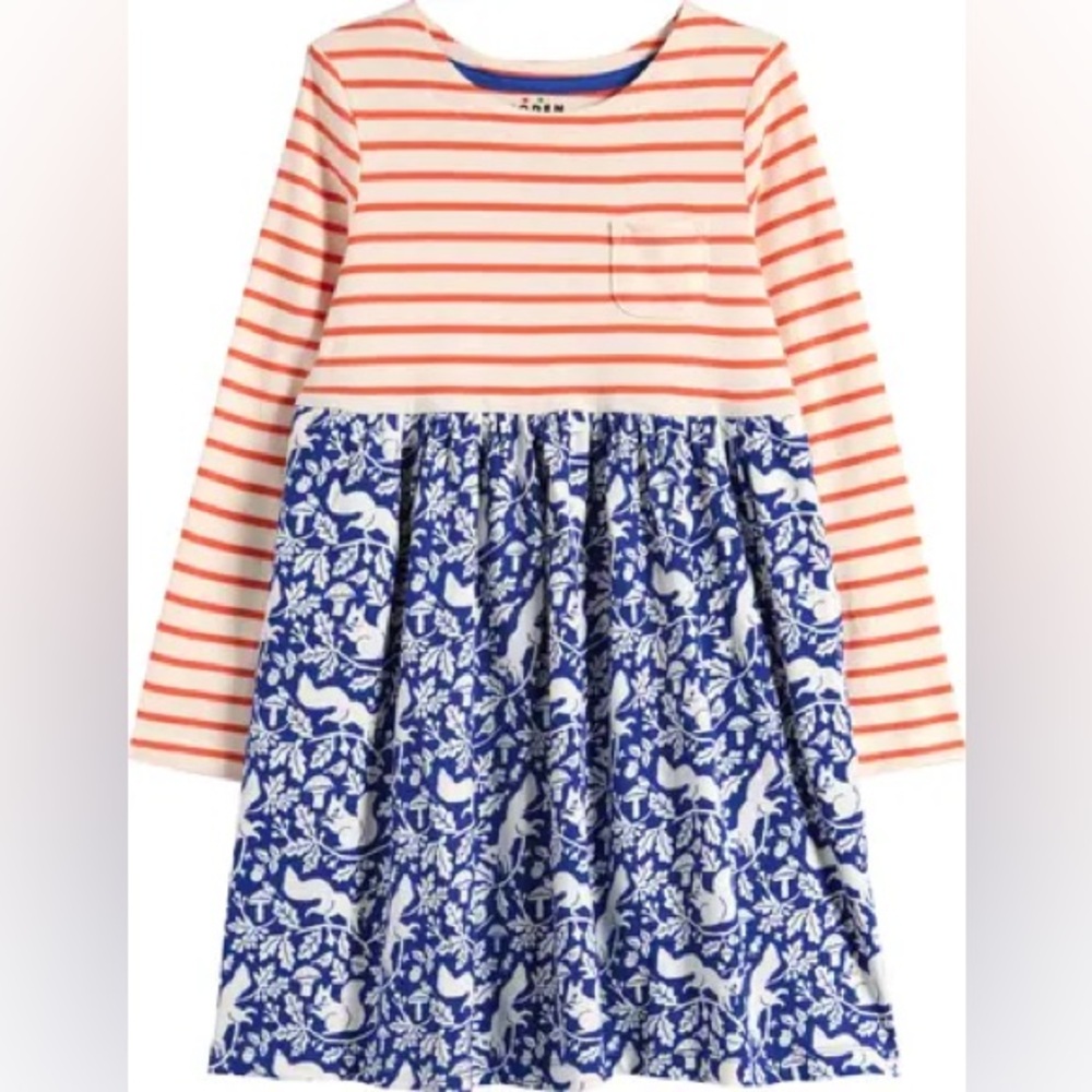 MiniBoden Long Sleeve Hotchpotch Jersey Dress in Sapphire Woodland Squirrel 6/7